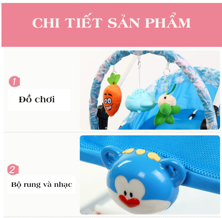 Ghế bập bênh 4in1 kiêm xe đẩy 2 chiều có nhạc và rung mát xa cho bé TẶNG mùng và đồ chơi kèm theo (xanh)