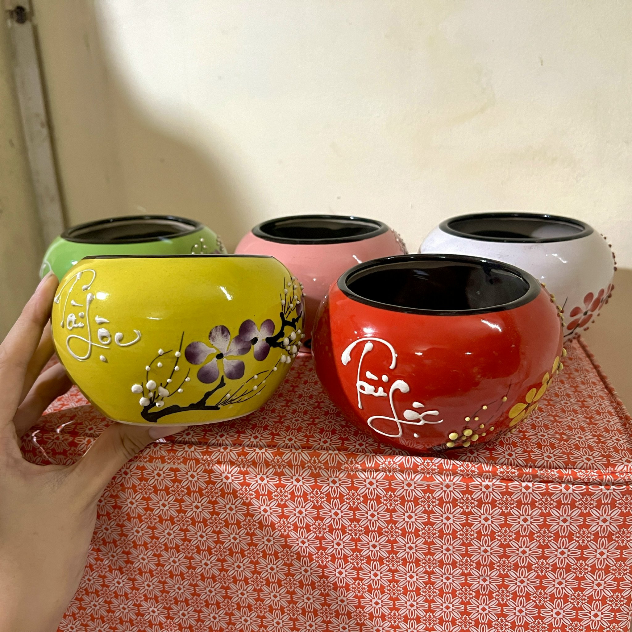 Chậu hoa Tài Lộc gốm Bát Tràng cao 9cm , Vò cắm hoa sứ để bàn