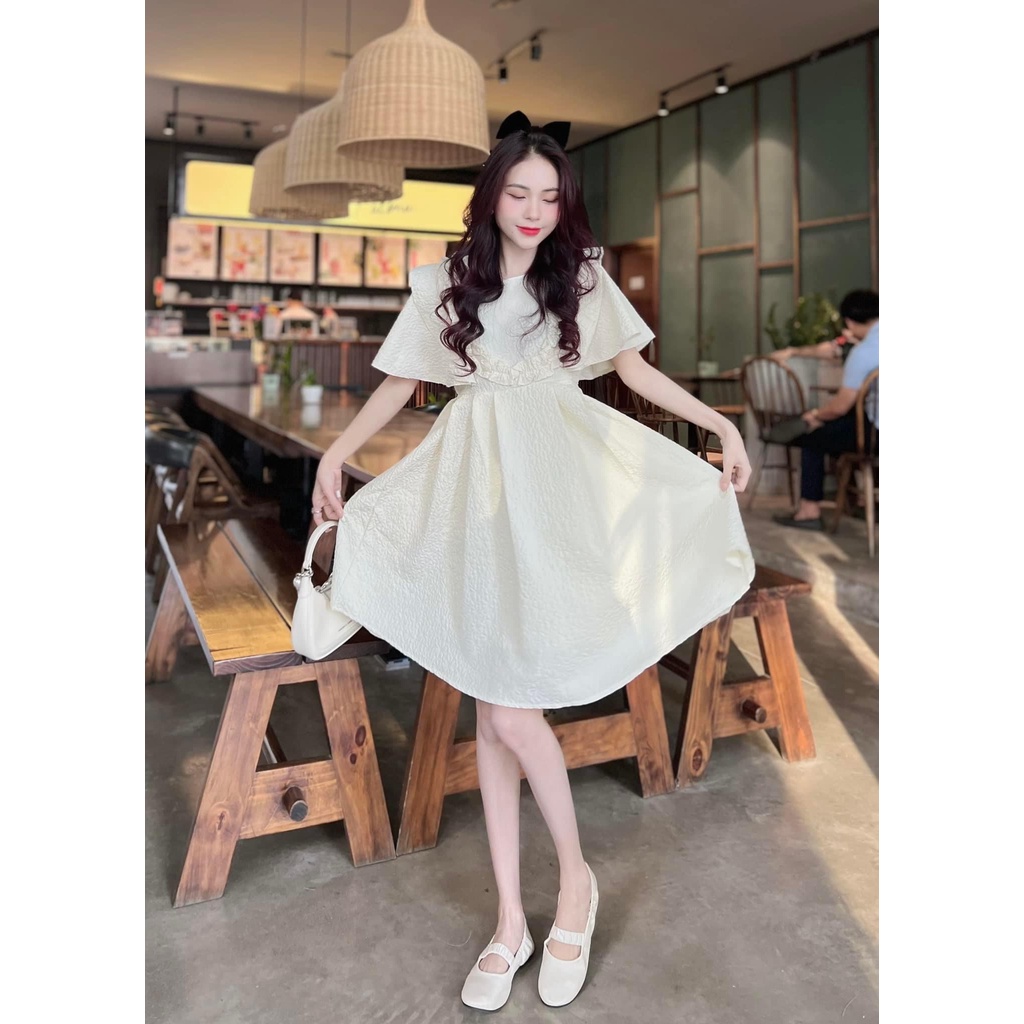 Đầm Xốp Nữ Cộc Tay Bèo Hoa Mai Dáng Xòe Tiểu Thư Siêu Xinh