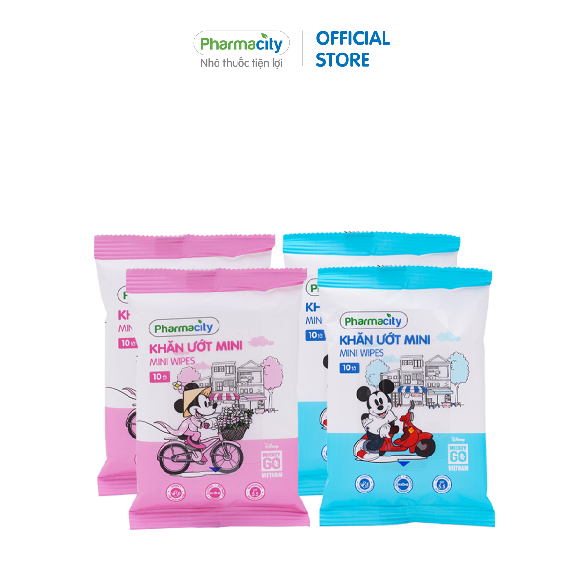 Khăn ướt mini tiện lợi Pharmacity Mickey Go Vietnam (Túi 4 gói x 10 miếng)