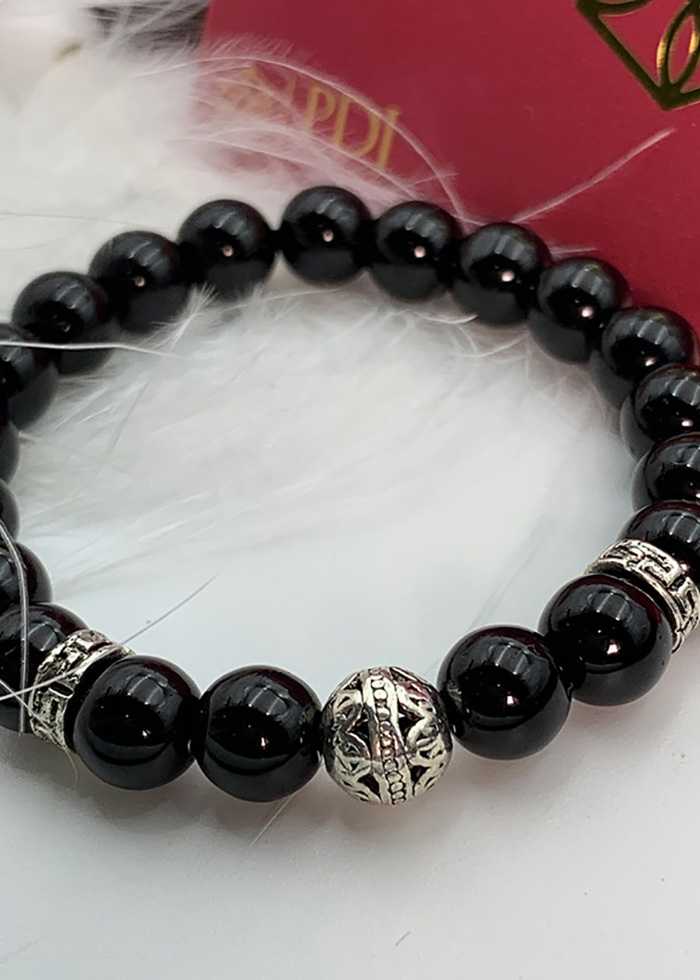 Vòng Đá Thạch Anh Đen 8 Ly Charm Bi Bạc Thái