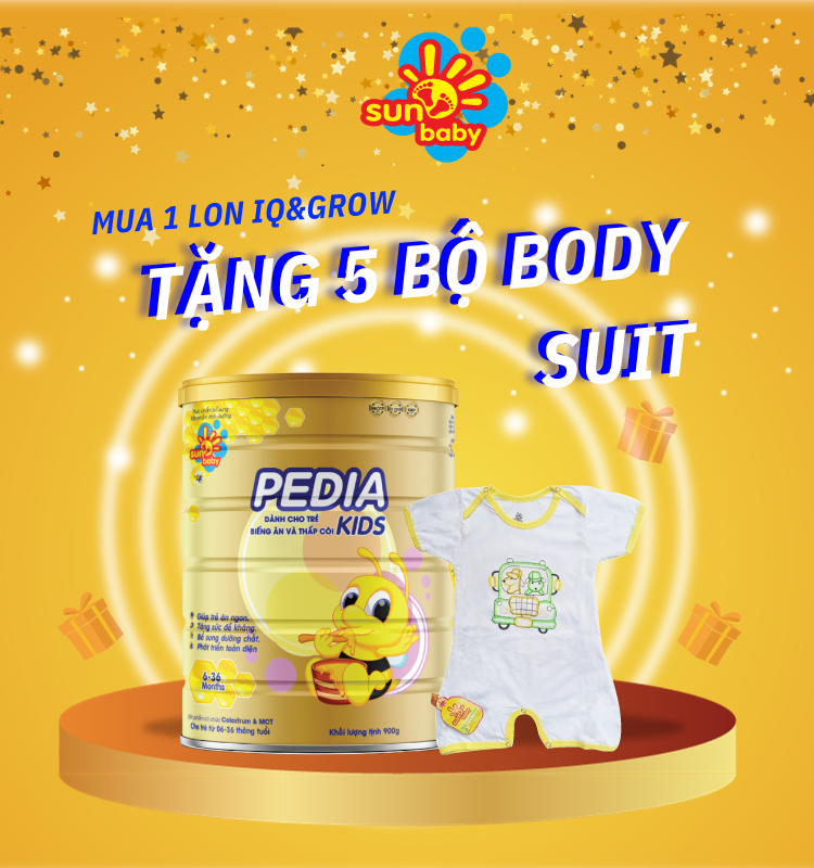 [Tặng 5 bộ body chip] Sữa Pedia Kids cho trẻ biếng ăn thấp còi 900g Sunbaby