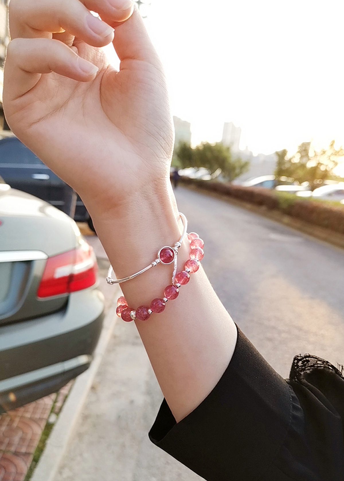 Vòng đôi đá thạch anh dâu phối charm lá bạc mệnh hỏa, thổ - Ngọc Quý Gemstones