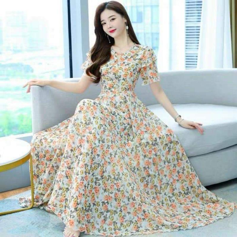 HÀNG NHẬP - ĐẦM MAXI VOAN HOA CỔ KHOÉT