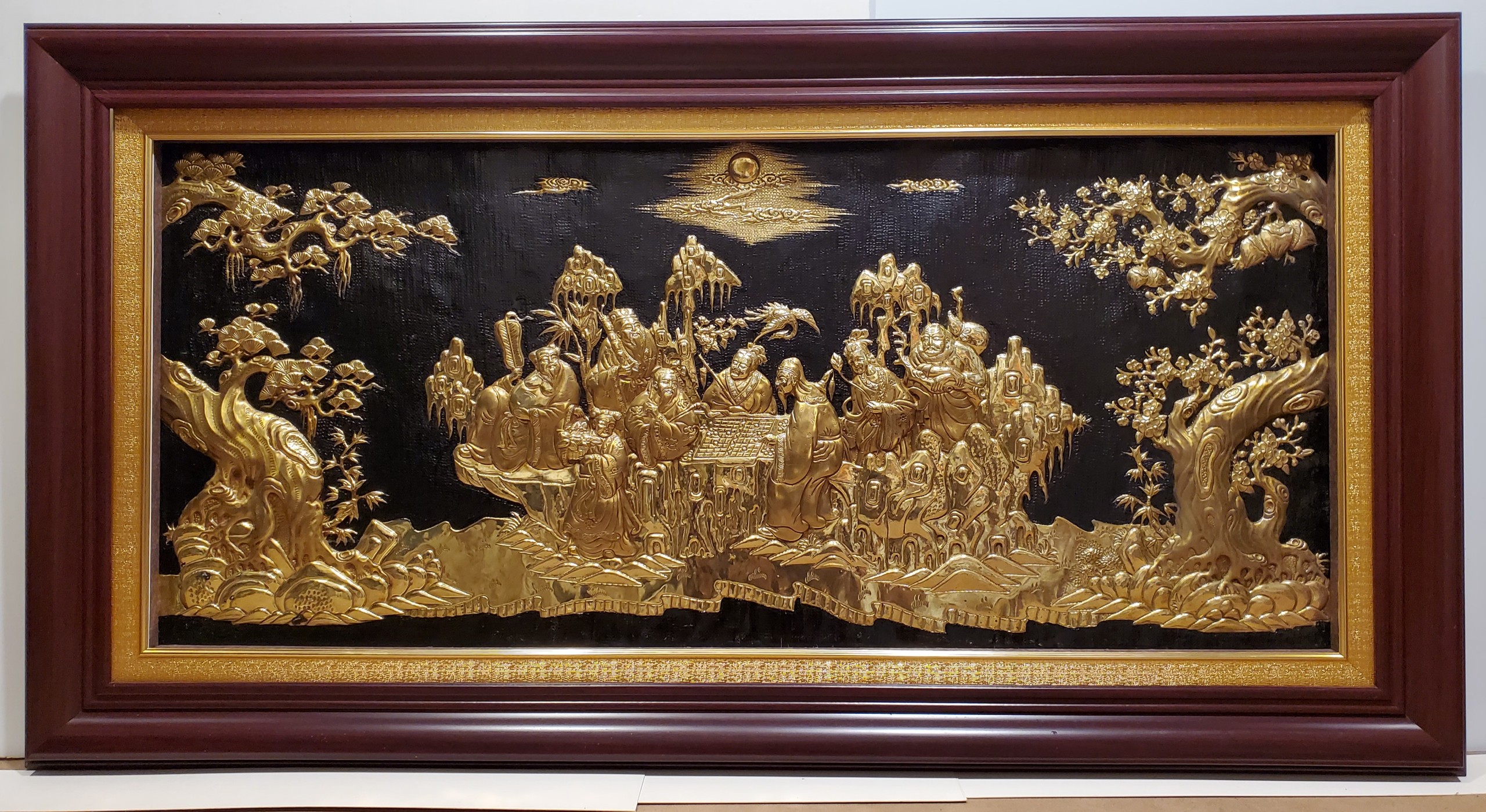 Tranh đồng vàng liền tấm thúc gò tay - Bát tiên chơi cờ- A034