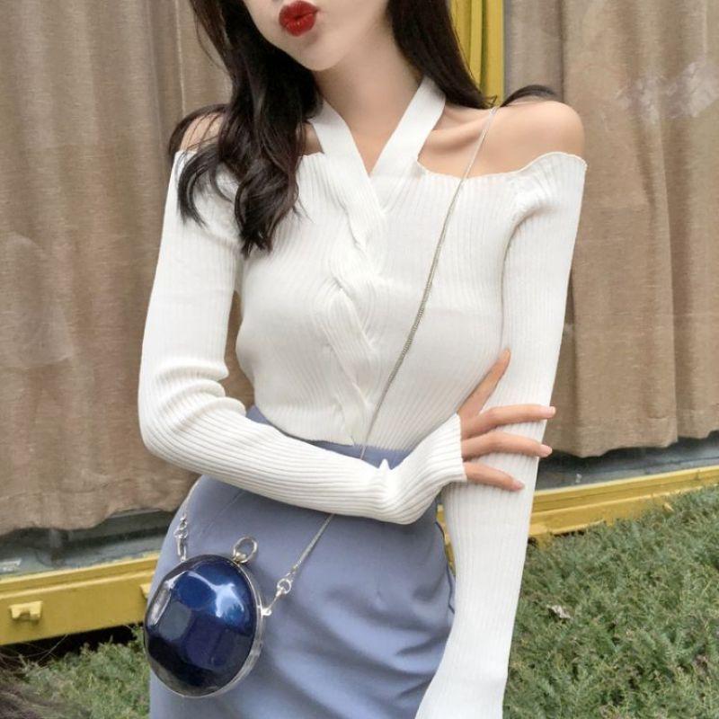 Áo Sweater dệt kim tay dài màu trơn phong cách retro