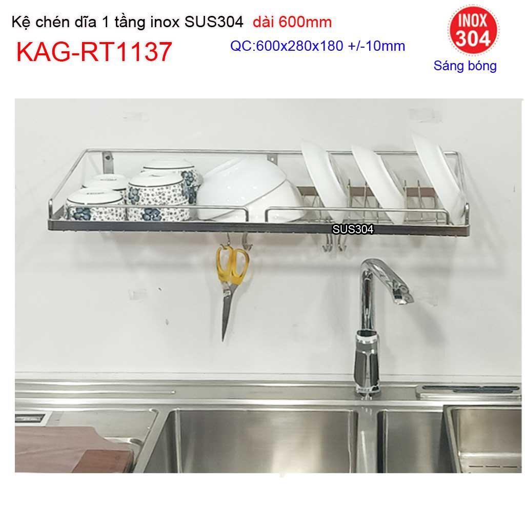 Kệ đựng chén bát inox SUS304, kệ úp chén dĩa 1 tầng dài 60cm inox KAG-RT1137