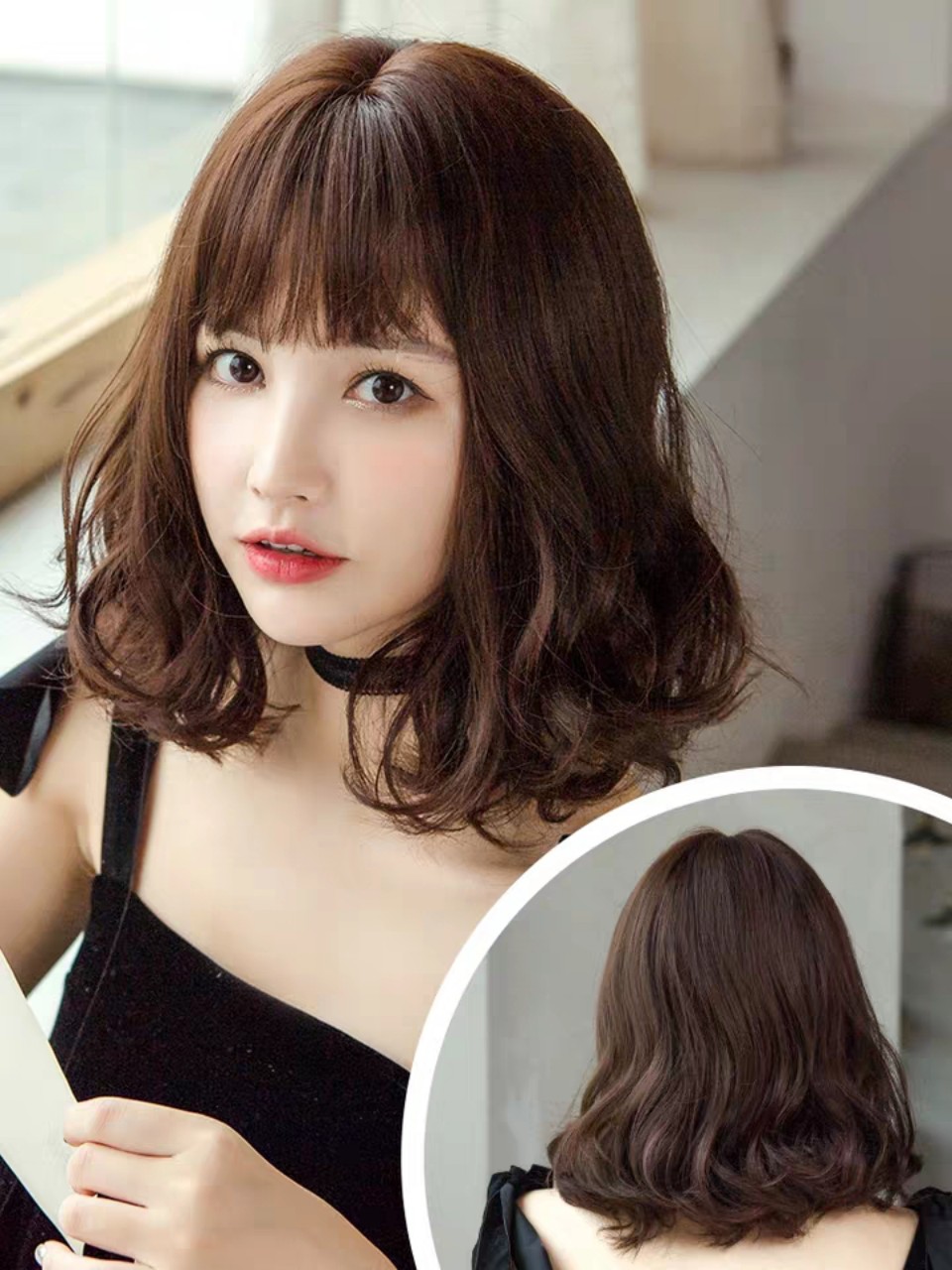 Tóc giả nguyên đầu xoăn Hàn Quốc siêu xinh có rãnh da đầu, chất tóc tơ cao cấp loại 1, chịu nhiệt tốt có thể bấm uốn, duỗi, gội. giống tóc thật 100%