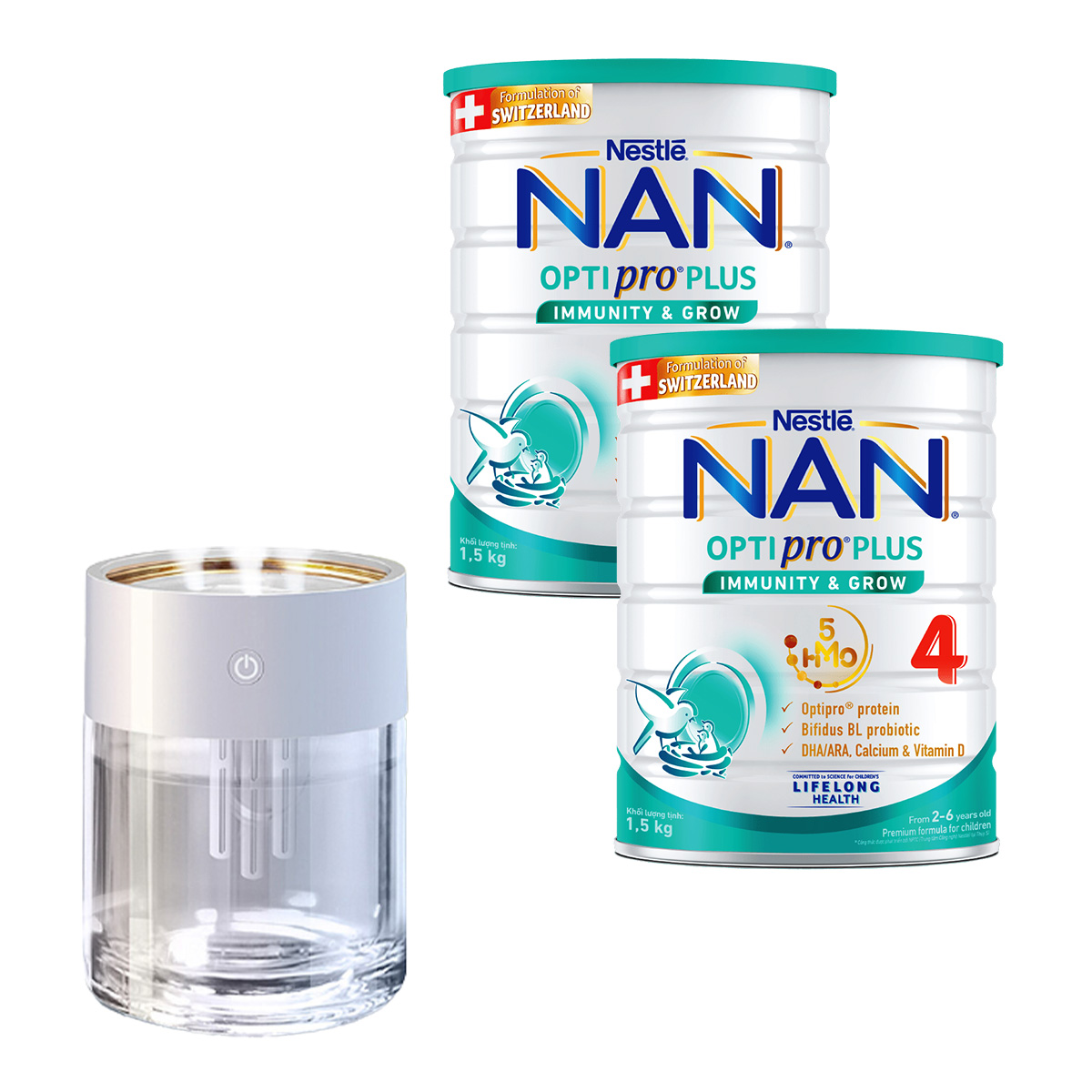 Hình ảnh Bộ 2 Lon Sữa bột Nestlé NAN OPTIPRO PLUS 4 1500g/lon với 5HMO Giúp tiêu hóa tốt + Tăng cường đề kháng Tặng Máy phun sương đèn led (2 - 6 tuổi)