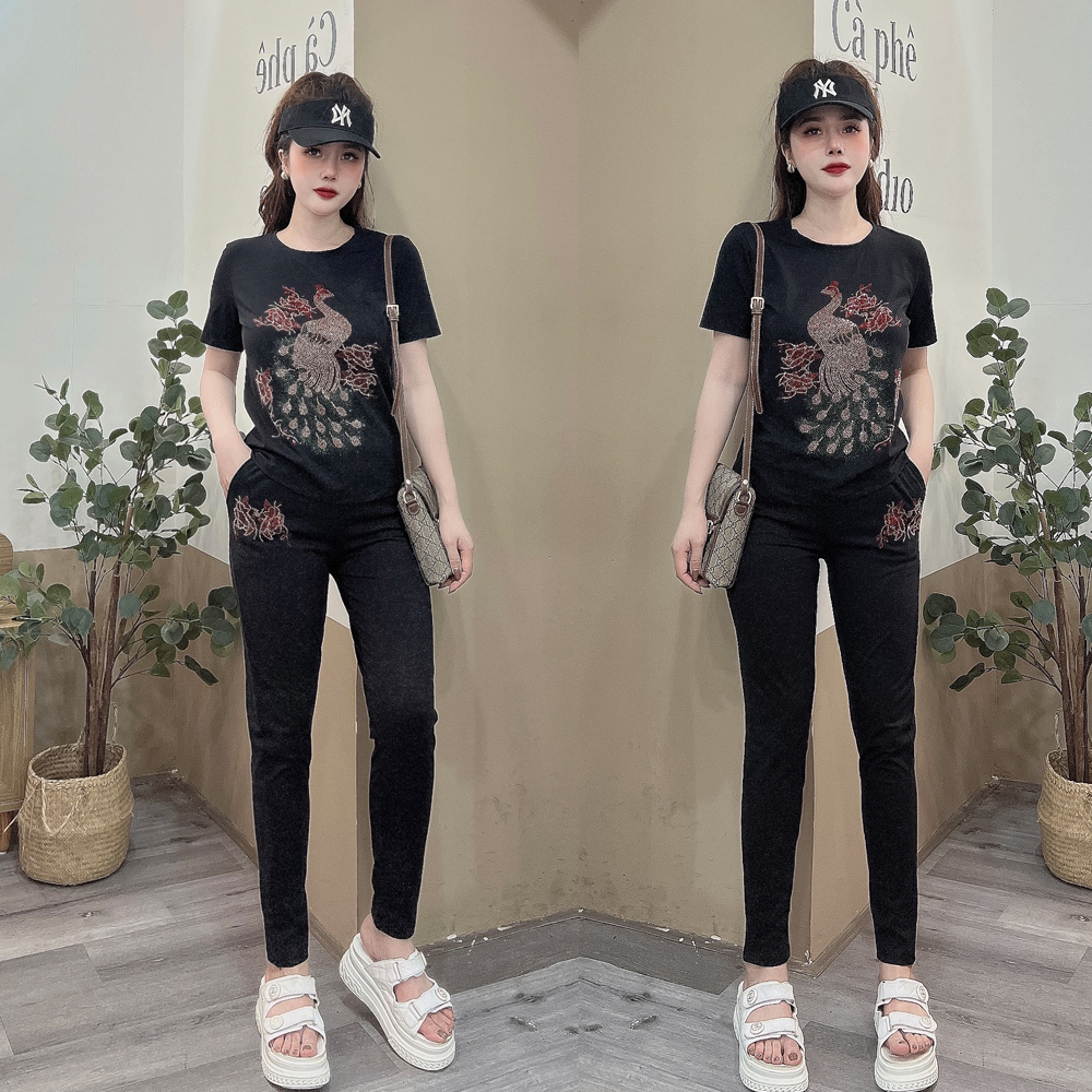Đồ bộ thun cotton dài đính đá hình chim công siêu sang