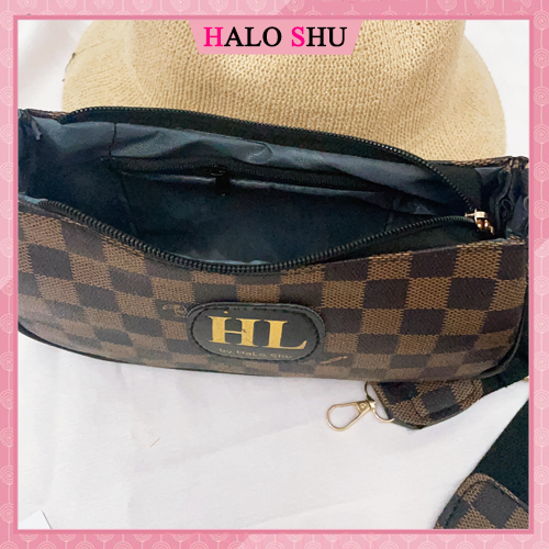 Túi xách nữ, túi đeo chéo nữ họa tiết ô vuông phối nâu giản dị size 22 dáng thể thao mã HL00