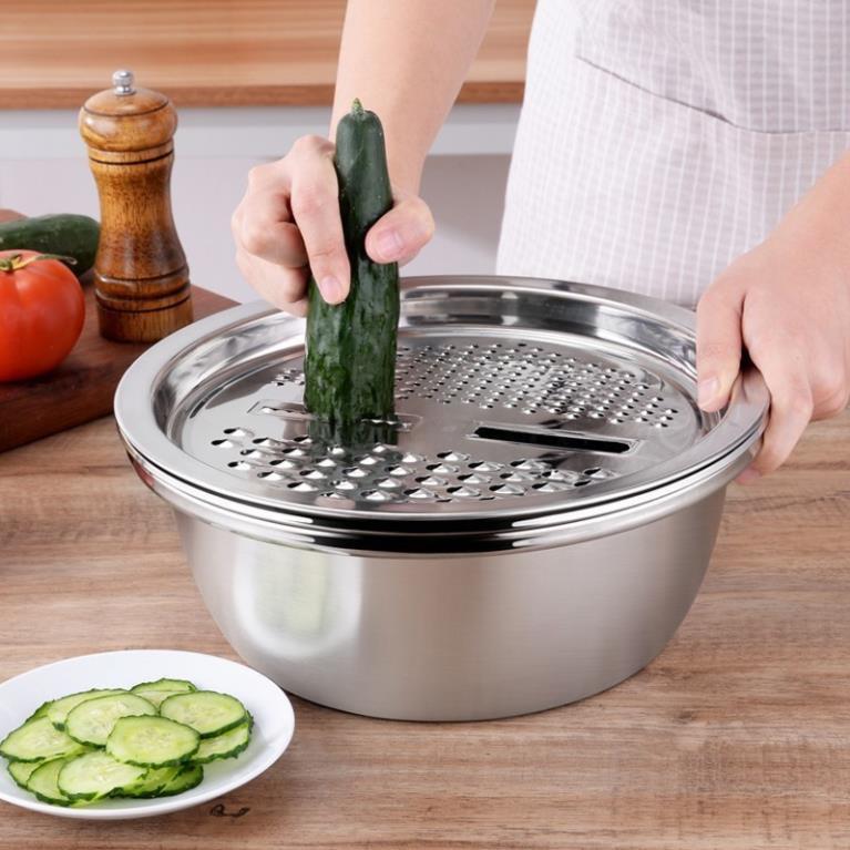 Bộ bào rau củ đa năng 3 món Inox 304 bên đẹp không rỉ, Bộ thau rổ Inox bào rau củ đa năng chất liệu cao cấp dầy đẹp