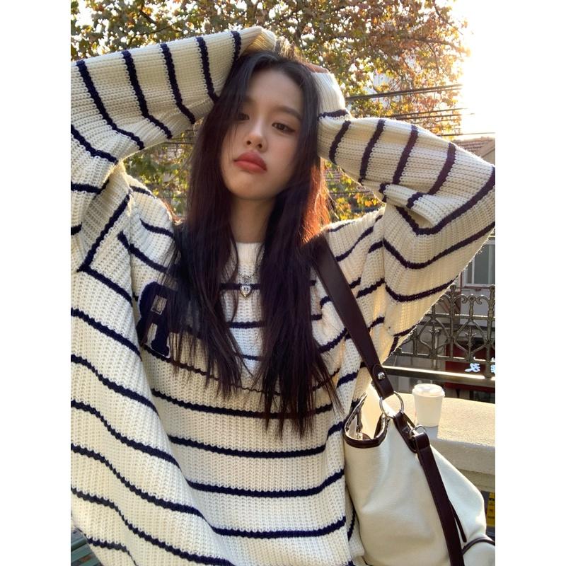 Áo sweater len dệt kim nữ tay dài form dáng rộng họa tiết kẻ sọc ngang oversize thời trang Hàn Quốc chất đẹp D-14
