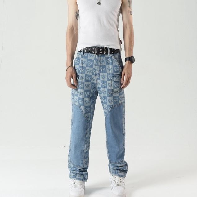 Quần jean Double Knee Caro Pants, ống suông vải bò unisex nam nữ xanh