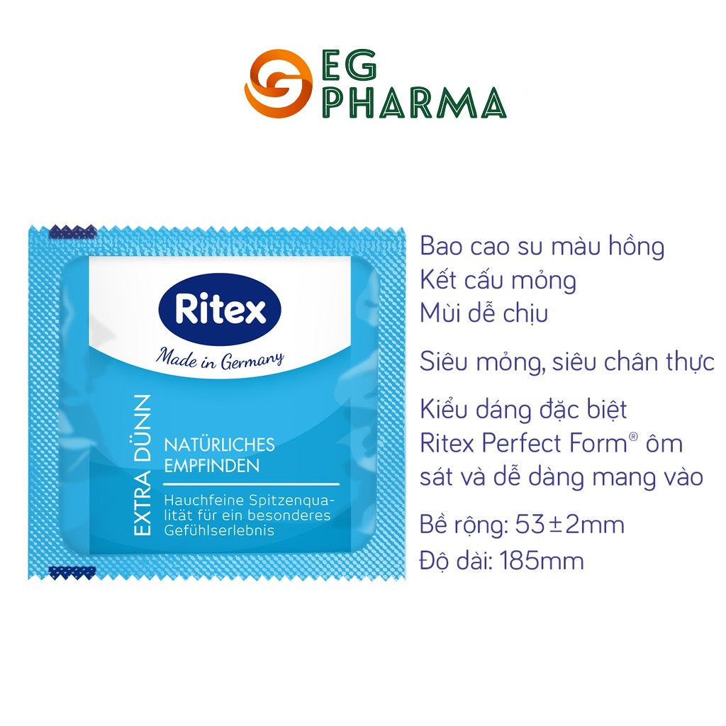 Bao cao su Ritex Extra Dünn siêu mỏng 0.01, mềm mại, bền dai hộp 8 bao - Hàng nhập khẩu chính hãng- RE002