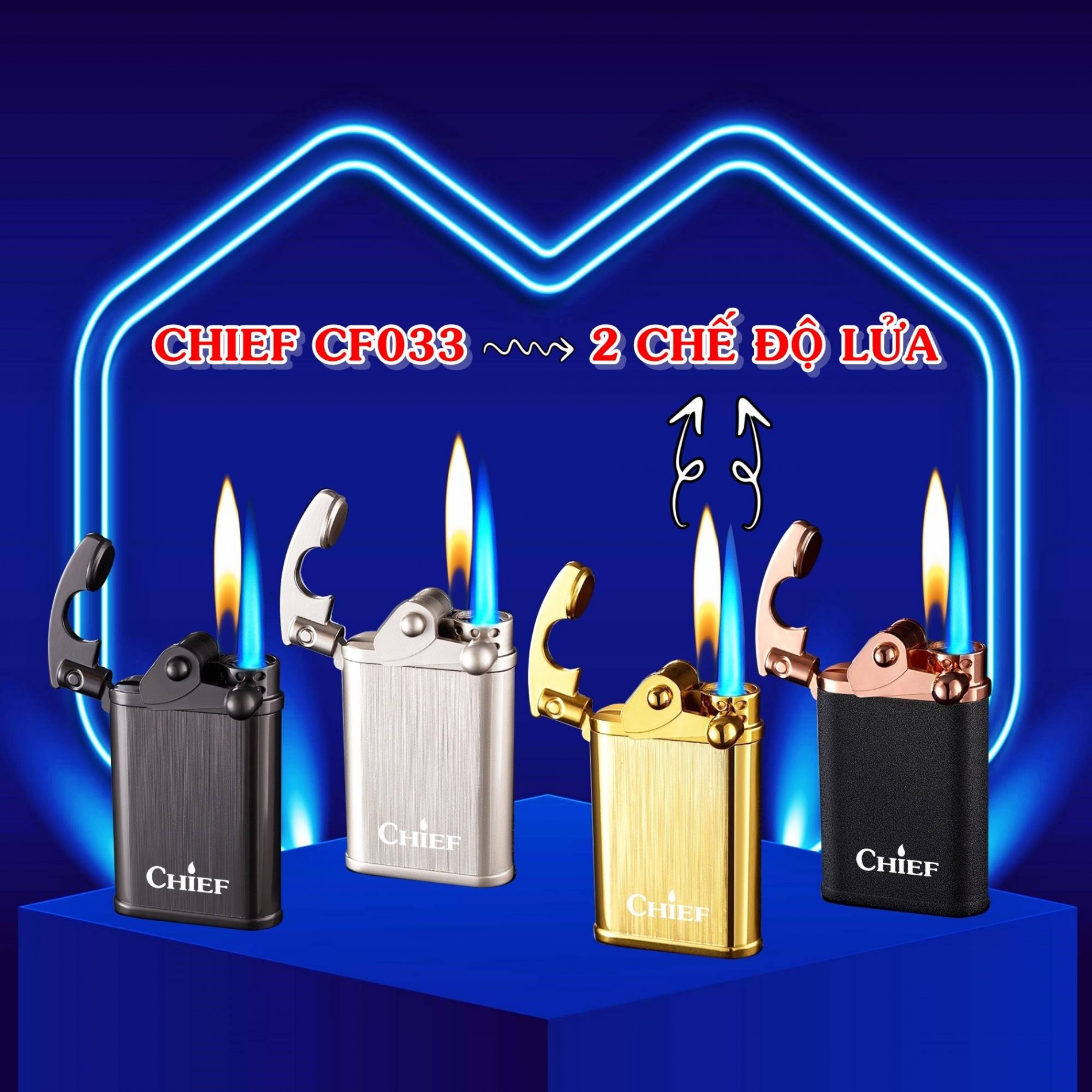 Hộp quẹt bật lửa Chief 2 chế độ lửa CF033 (lửa khè và lửa ngọn) búng tay đánh lửa - (xài gas)