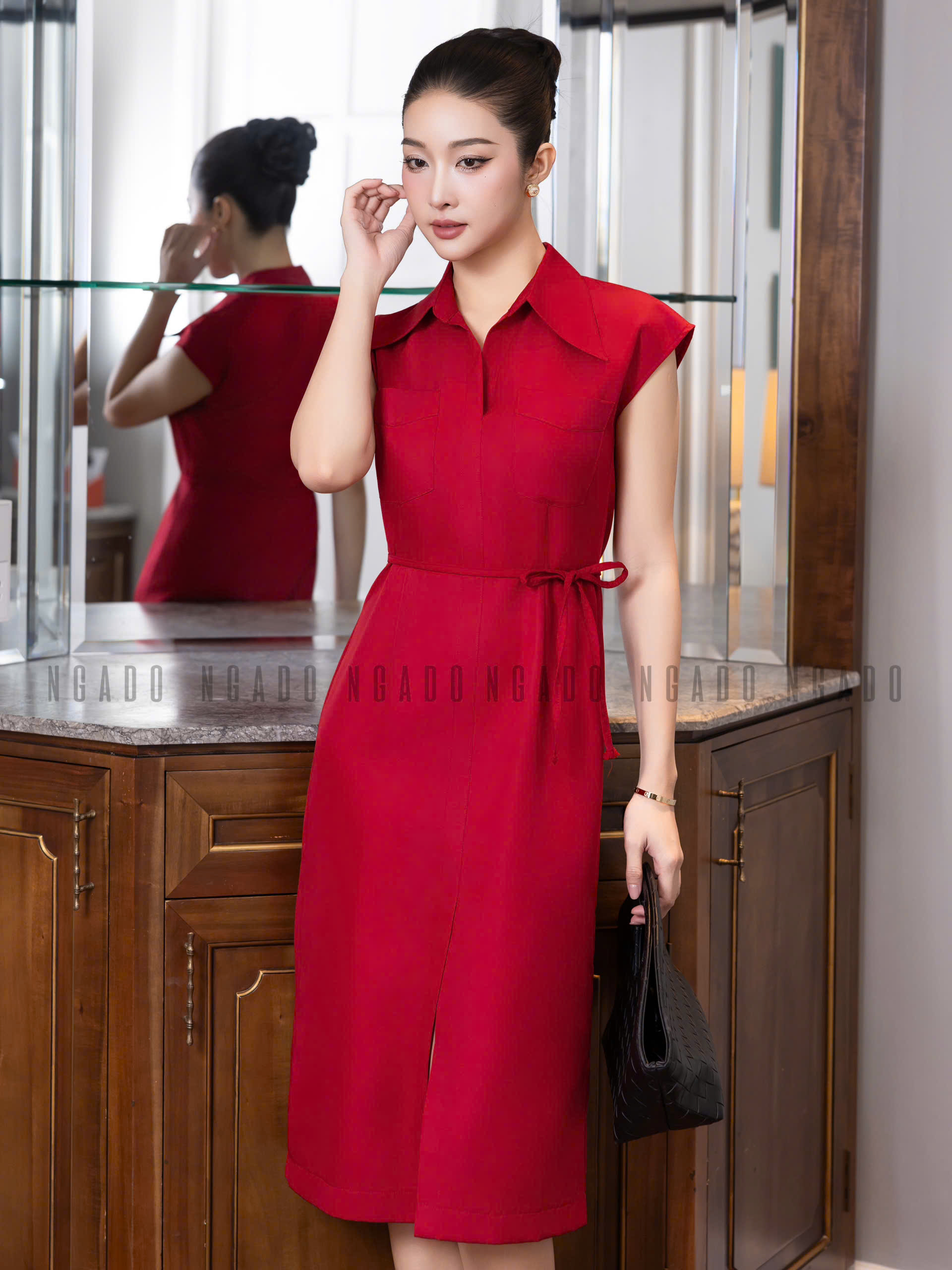 Đầm đỏ phối dây nơ NGADO , đầm kiểu Nữ , đầm công sở , dự tiệc