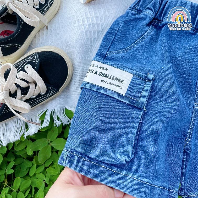 Quần short đùi jeans form rộng Magickids cho bé trai size đại 34kg túi in mặt cười Quần áo trẻ em đi học đi chơi QĐ22014