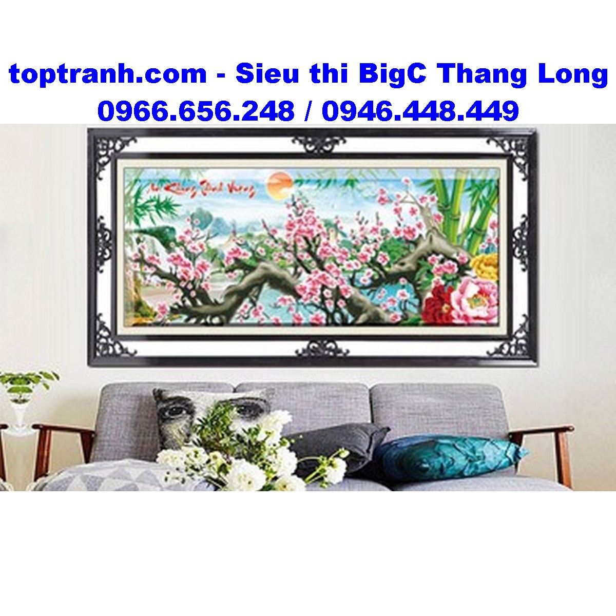 Tranh thêu chữ thập cành đào hồng an khang thịnh vượng 88802 chưa thêu