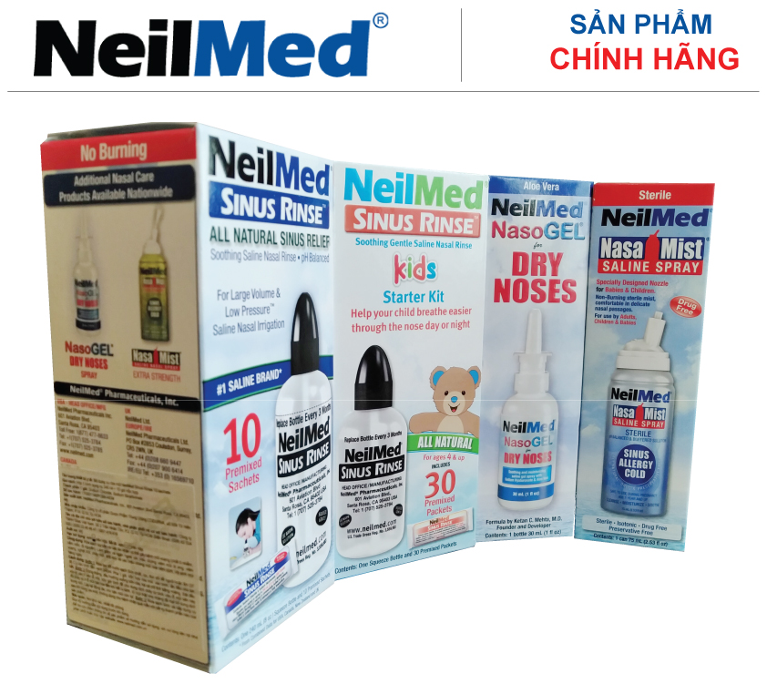 Combo Family: Bộ Xịt Rửa Vệ Sinh Mũi Xoang Toàn Diện Cho Cả Gia Đình NeilMed Sinus Rinse & Moisturize - SX Mỹ(Bình + 10 gói muối người lớn, Bình + 30 gói muối trẻ em; 1 chai xịt phun sương 75ml cho bé; 1 chai xịt ngăn ngừa khô mũi, chảy máu cam)