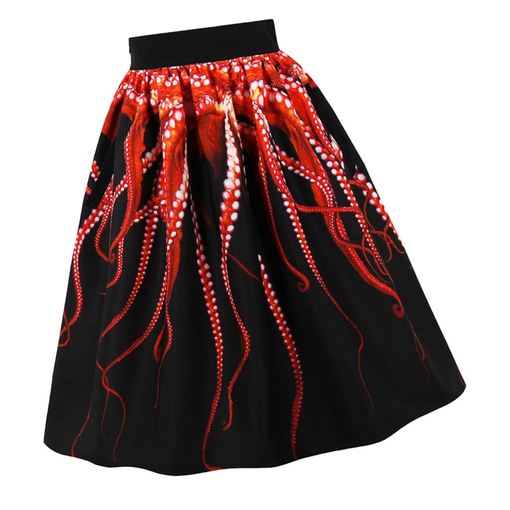 Women's Digital Print High Waisted Midi Party Skirt Vintage A-Line Pleated Skater Skirts