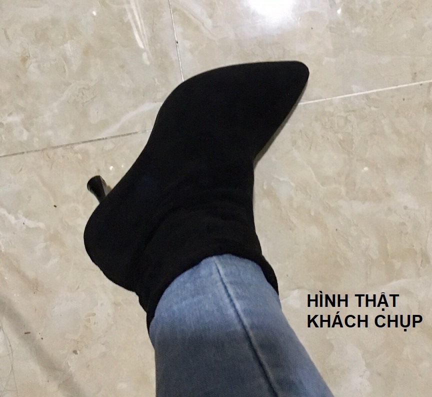 Giày boots nữ cao gót 9 phân da lộn mũi nhọn cổ lửng, bốt nữ cao cấp S063