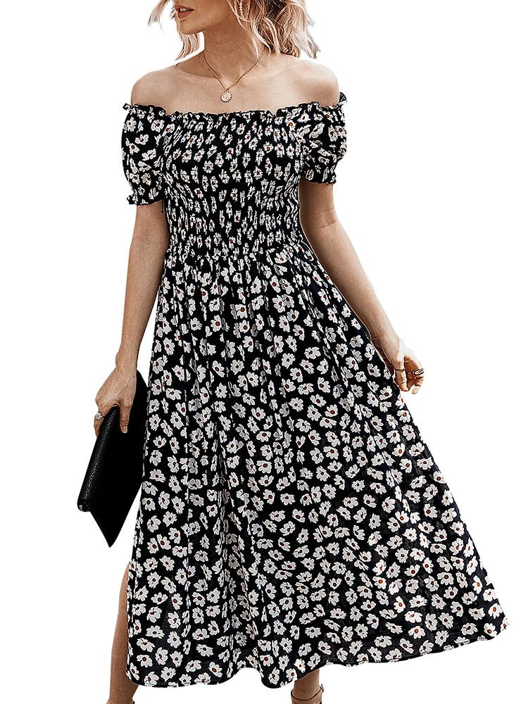 Fashion Women Summer Floral Print Dress Off Shoulder Short Sleeve Ruched Split Hem Bohemian Holiday Dress