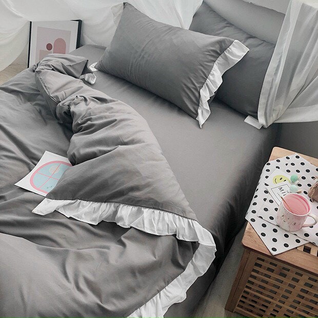 Bộ Chăn Ga Gối Cotton Tici Bèo Ren Trắng LIDACO Cao Cấp - Xám