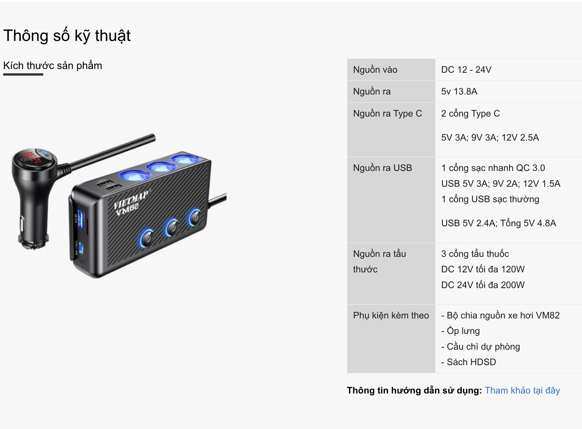VIETMAP VM82 - Bộ chia sạc ô tô đa năng - Sạc nhanh Type-C PD 30W và QC 3.0 - Hàng chính hãng