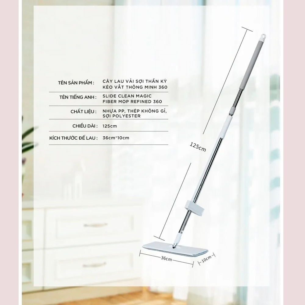 Cây Lau Nhà MyJae Đài Loan Sợi Polyester Kéo Vắt Thông Minh 360 Độ 125cm