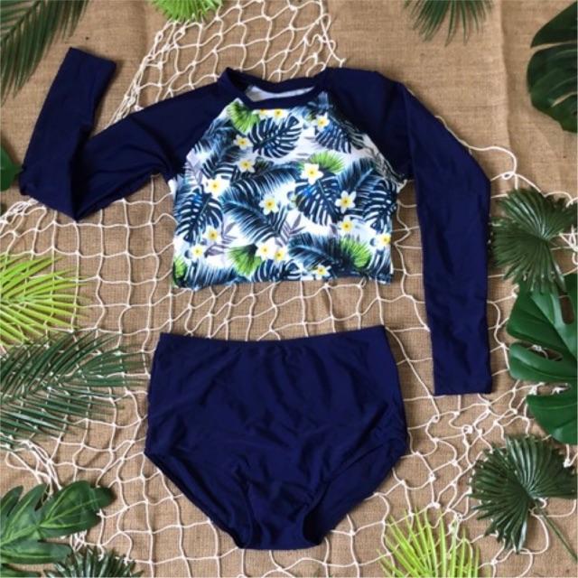 Đồ bơi dài tay áo croptop hoa lá quần cạp cao tôn dáng
