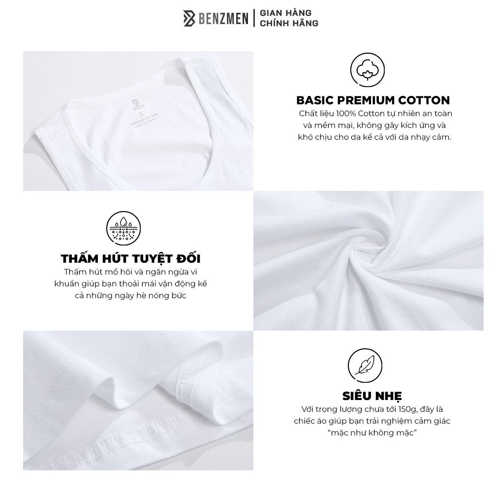 Áo ba lỗ Cotton thể thao nam cao cấp BENZMEN, áo thun form dáng rộng 3 màu trắng, đen, xanh than chất liệu cotton thoáng mát - BC21