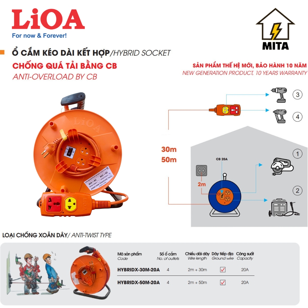 Ổ Cắm Kéo Dài Quay Tay Kiểu Rulo Hybrid LiOA NEW loại Chống Xoắn dây dài 30m/50m công suất 20A 3 Lõi - MITA