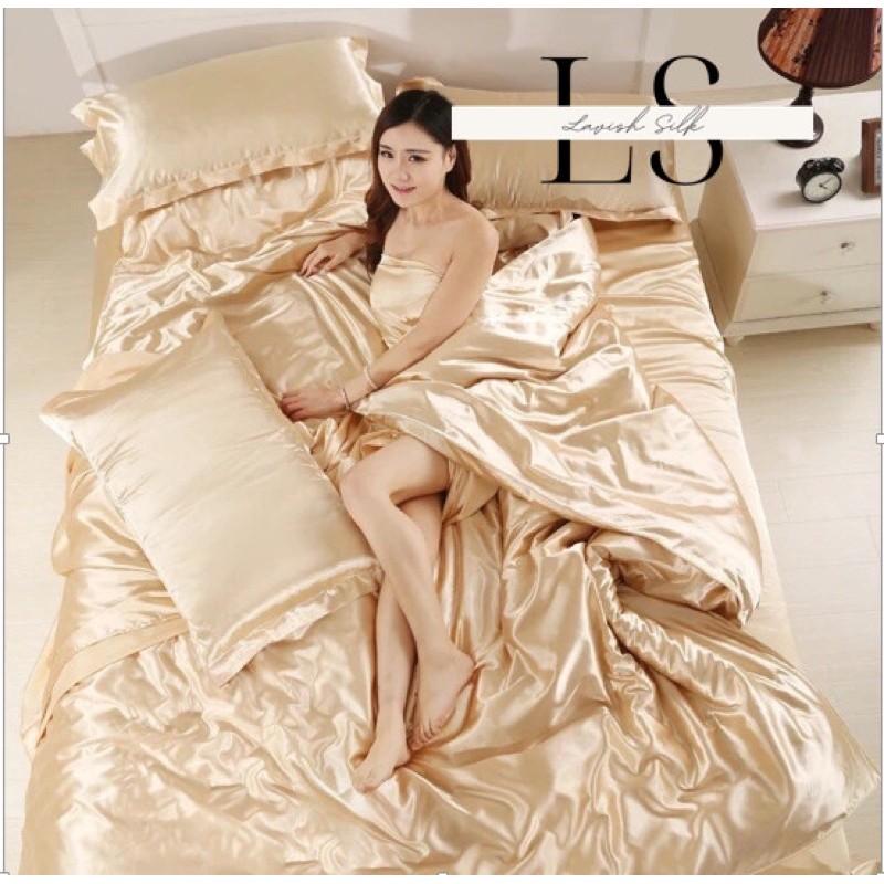 Trọn Bộ Chăn Ga Gối Phi Lụa Lavish Silk Cao Cấp Mát Lạnh Hàng Loại 1 Không Nối Vải -Vàng Kem