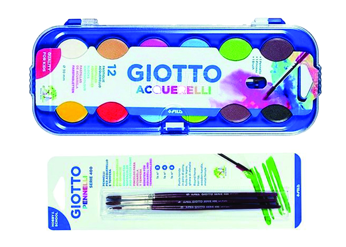 Combo màu nước Giotto Colour Blocks Acquarelli. Hộp 12 viên màu nước (Ý) ( SL=1 vỉ) và Vỉ 3 chổi vẽ GIOTTO 400 số 3,4,5 (SL=1 vỉ)