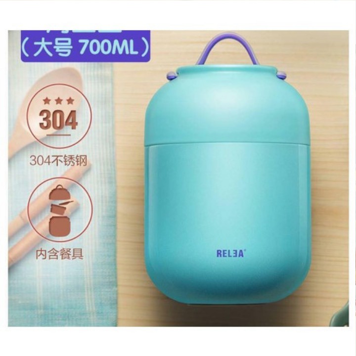 Bình ủ cháo Relea 700ml ruột bằng inox 304 thiết kế 6 lớp giúp giữ nhiệt cực tốt có kèm thìa inox gấp gọn - Ca ủ cháo từ gạo thành cơm không cần nấu hay cắm điện