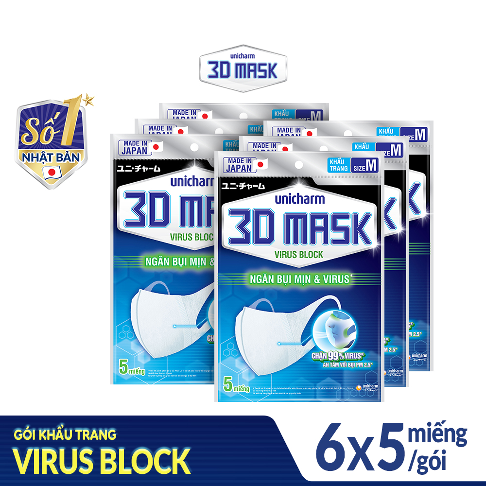 Bộ 6 Khẩu trang ngăn vi khuẩn Unicharm 3D Mask Virus Block (Ngăn được bụi mịn PM2.5) size M gói 5 miếng
