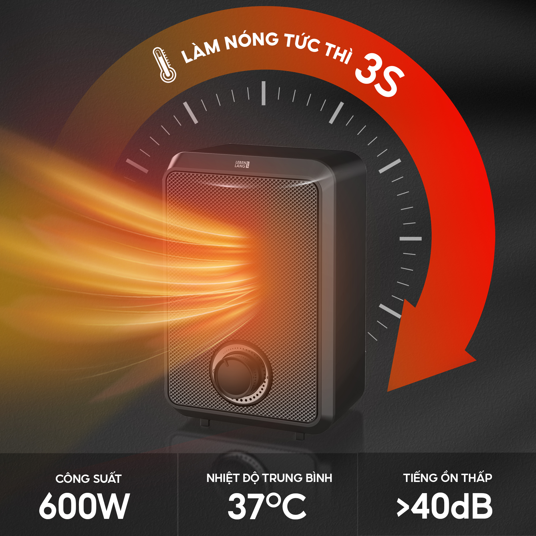 Máy sưởi mini để bàn Lebenlang LBL0276, công suất 600W, làm ấm góc rộng, nóng nhanh, nhỏ gọn tiện lợi, bảo hành 2 năm - hàng chính hãng