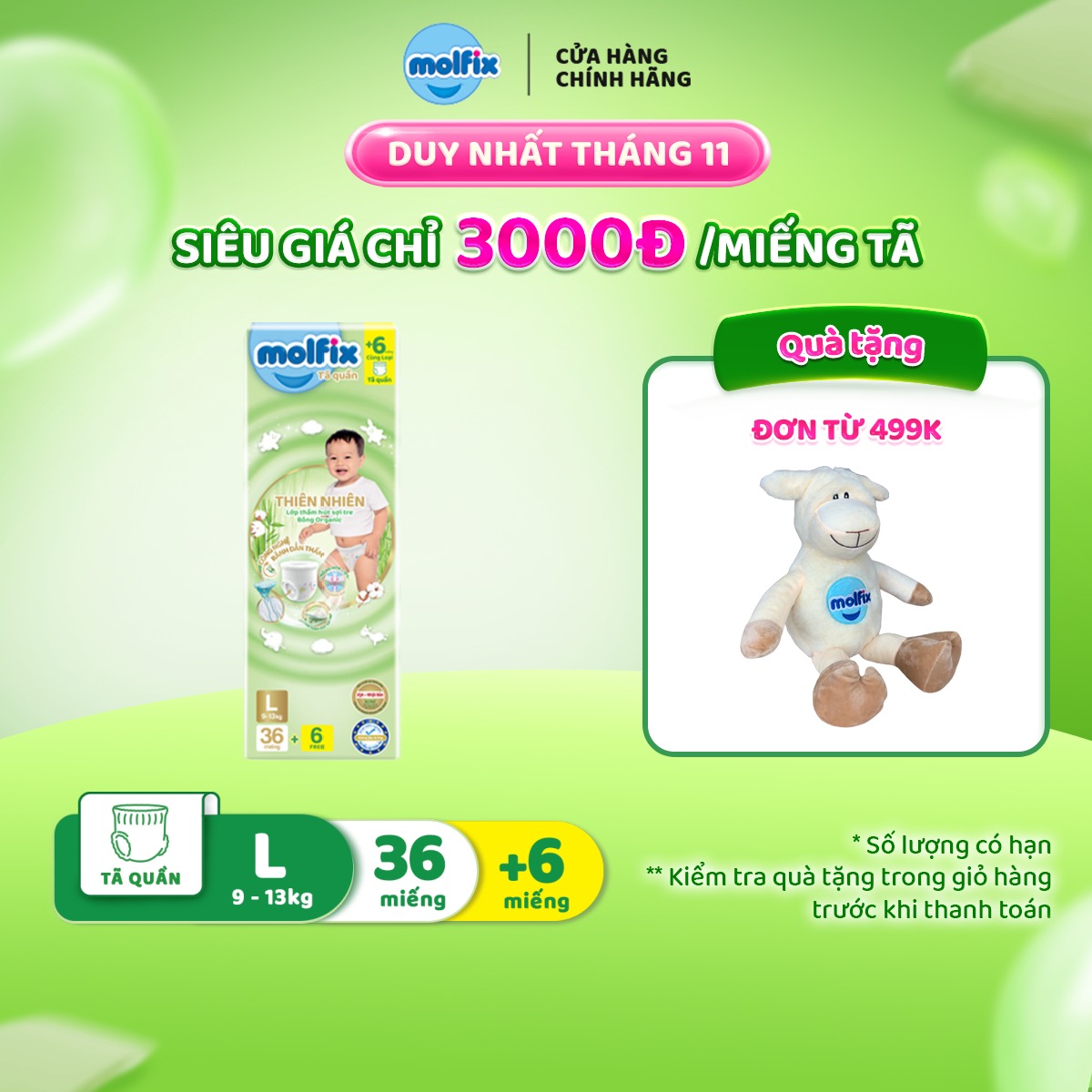 Tã/bỉm quần Molfix Thiên nhiên Jumbo L - Gói 36+6 miếng