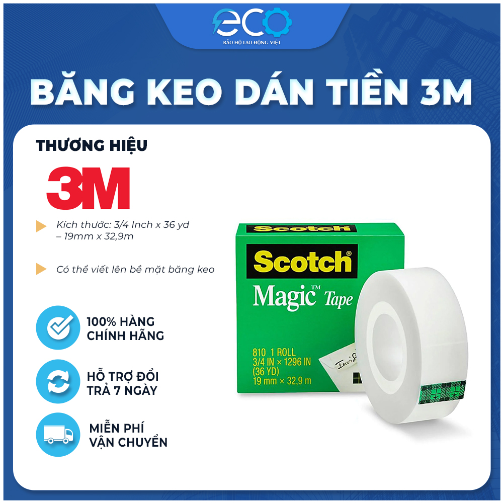 Băng keo trong suốt dán tiền và hồ sơ 3M 810 siêu dính, viết lên được, xé được bằng tay (19mm x 33m)