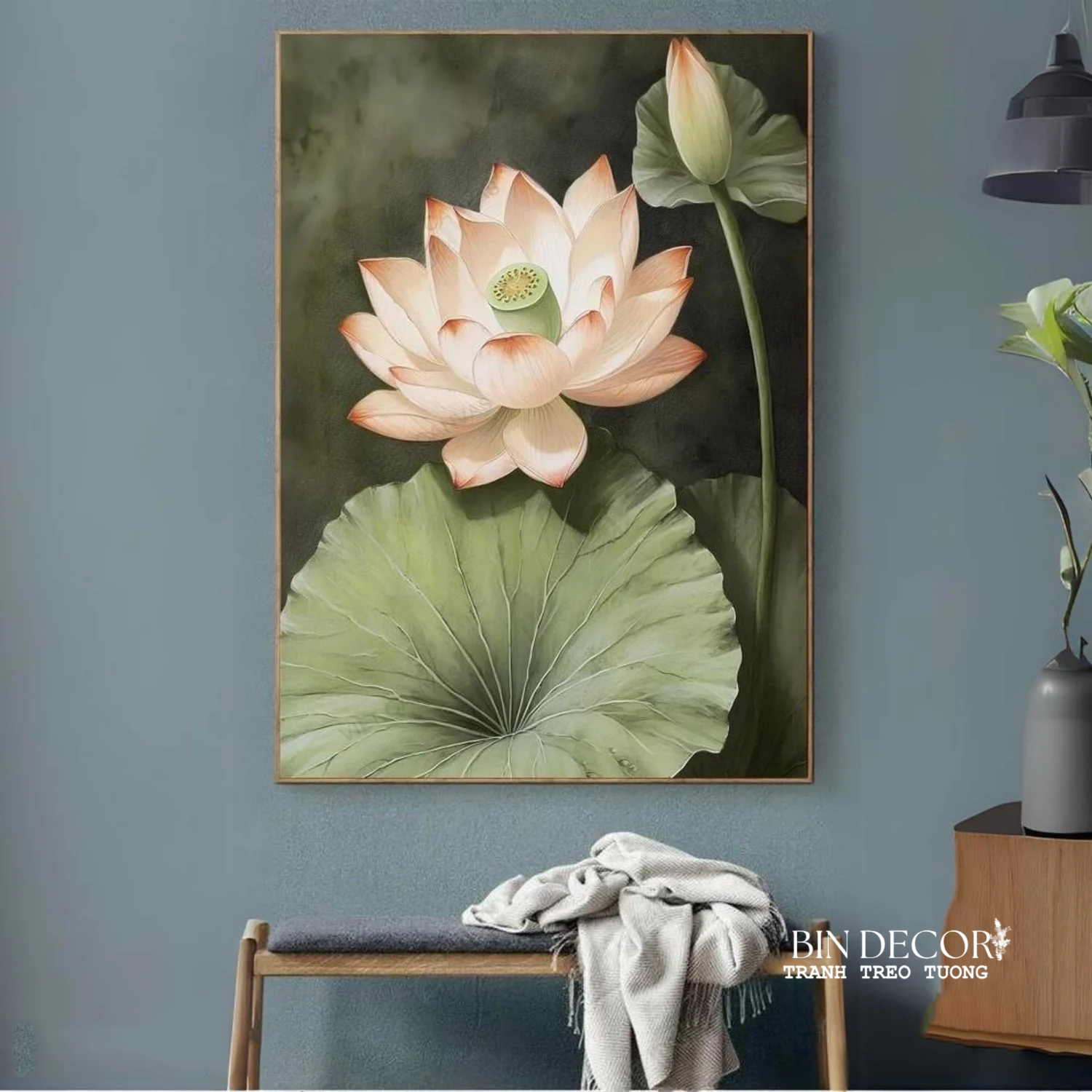 Tranh treo tường hoa sen 7 trang trí decor phòng khách phòng thờ kèm đinh BINDECOR