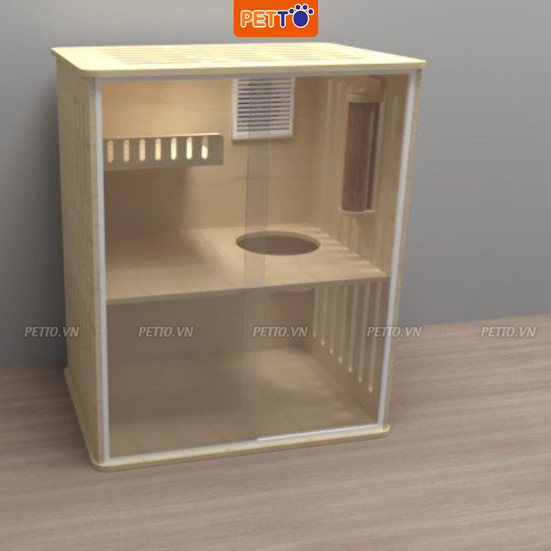 Tủ nuôi mèo bằng gỗ nhà mèo 2 tầng kết hợp hệ thống ĐÈN LED cao cấp, hiện đại CC012
