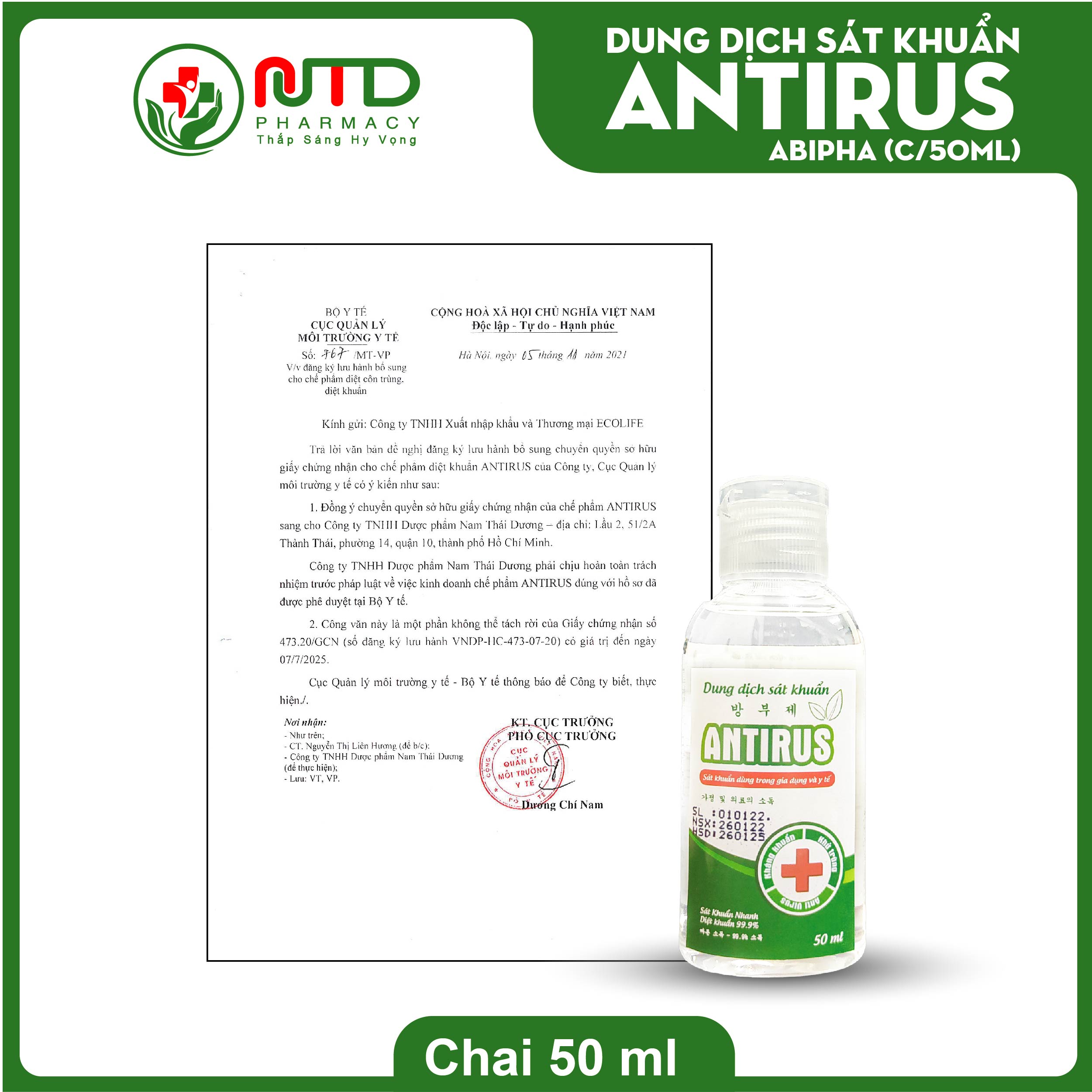 Dung dịch cồn sát khuẩn Antirus hương sả chanh 50 ml