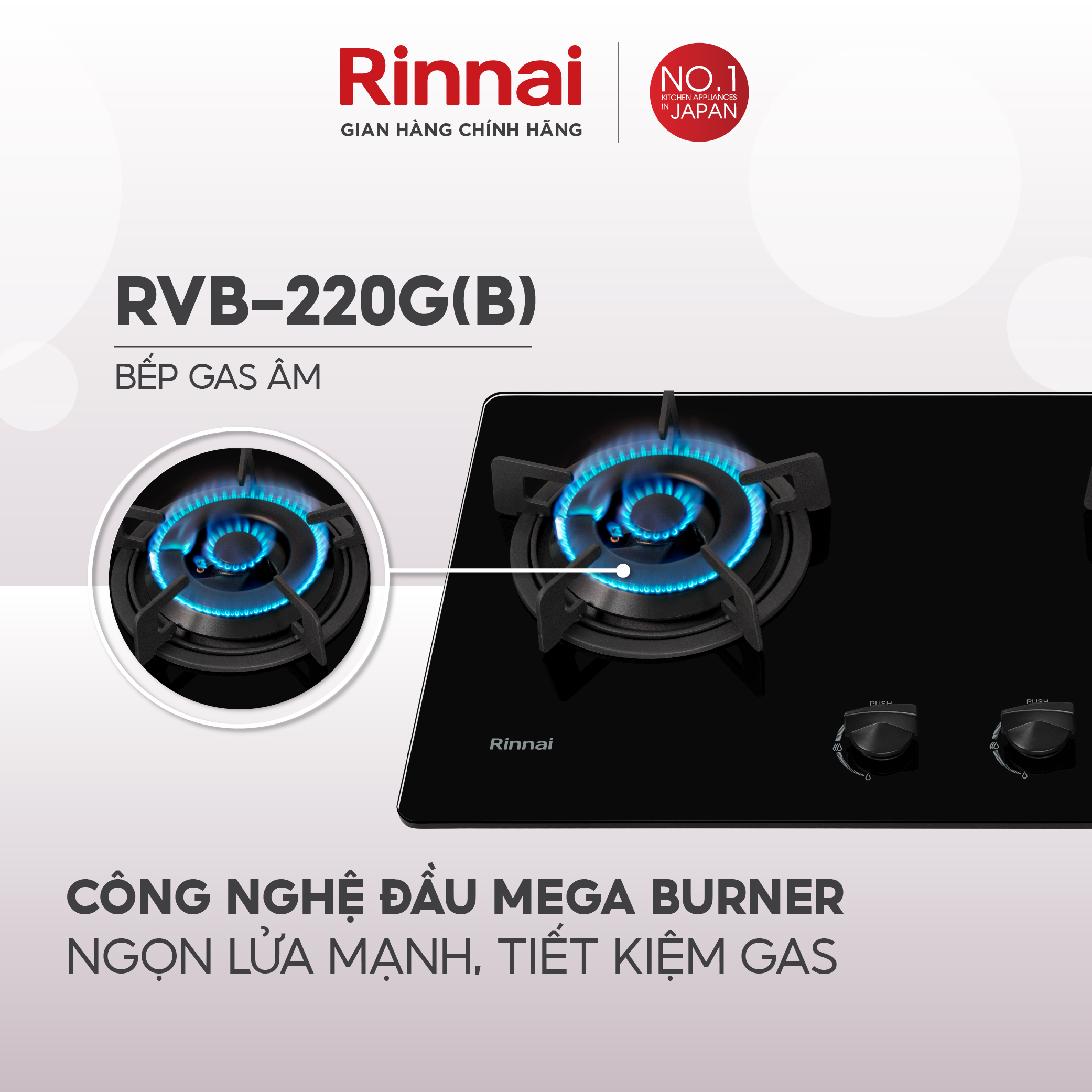 Bếp gas âm Rinnai RVB-220G mặt bếp kính và kiềng bếp gang - Hàng chính hãng.