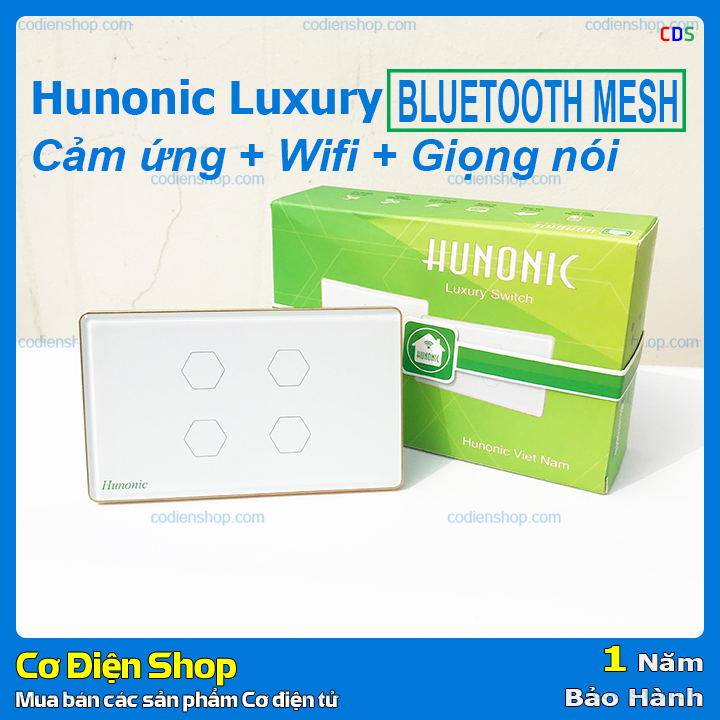 Công tắc CẢM ỨNG THÔNG MINH - Hunonic Luxury - 4 nút màu trắng - Công nghệ Bluetooth Mesh