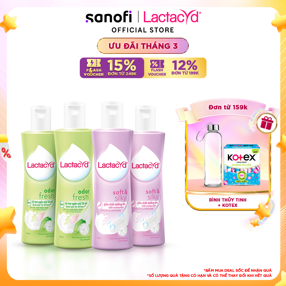 Bộ 2 Chai DDVS Phụ nữ Lactacyd Odor Fresh 250ml/chai + 2 chai DDVS Phụ nữ Lactacyd Soft &amp; Silky Dưỡng Ẩm 250ml/chai