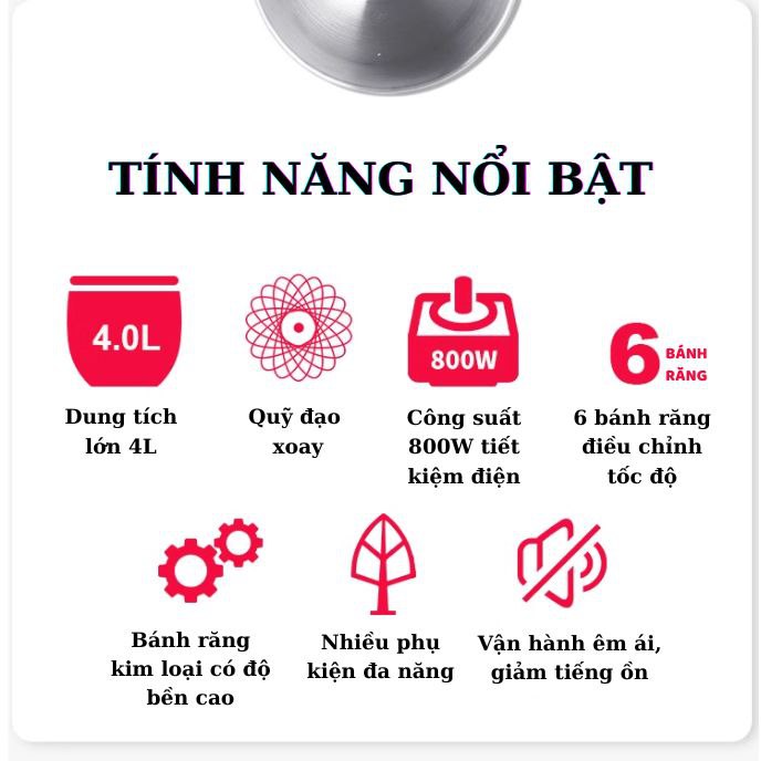 Máy đánh trứng trộn bột để bàn SOKANY SC-209, công suất lớn 800W,  cối INOX 4L trộn bột, nhào bột tự động - HÀNG CHÍNH HÃNG