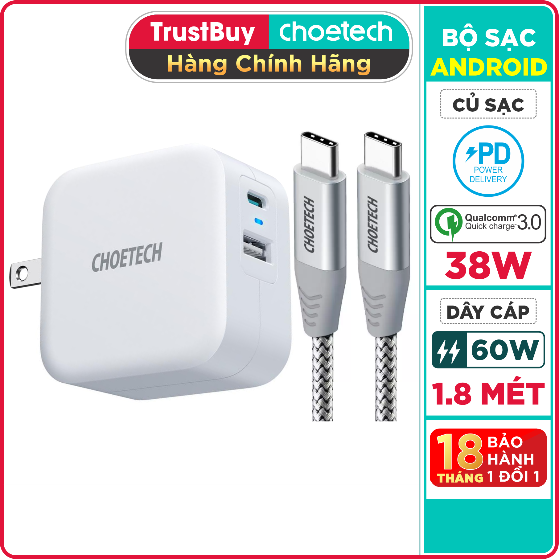 Bộ Củ Sạc Nhanh CHOETECH 38W PD5002 Và Cáp C to C 60W Dài 1.8M CC0005-SR Cho Điện Thoại Samsung, Oppo, Vivo, Xiaomi - Hàng Chính Hãng