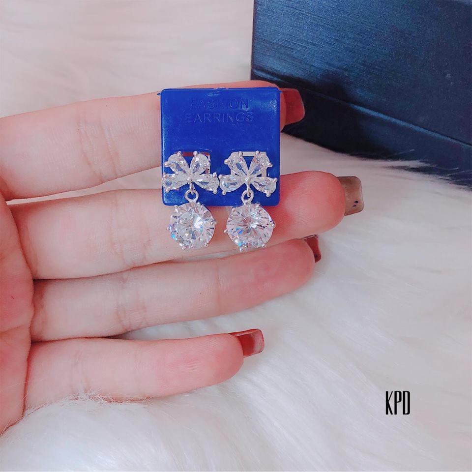 Bông khuyên tai hình nơ xinh xắn bạc ta gắn đá sáng lấp lánh đeo nổi tai,phụ kiện trang sức vàng bạc an chi