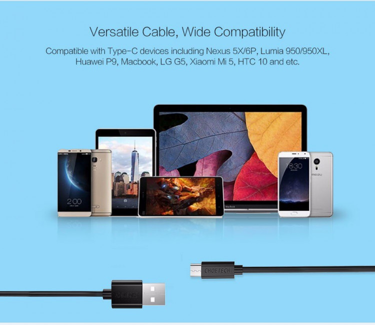 Dây cáp sạc Type-C dài 50cm hiệu CHOETECH AC001 hỗ trợ sạc nhanh cho điện thoại / Macbook (sạc nhanh 3A / QC 3.0 , truyền tải dữ liệu cao, vật liệu cao cấp) - Hàng chính hãng